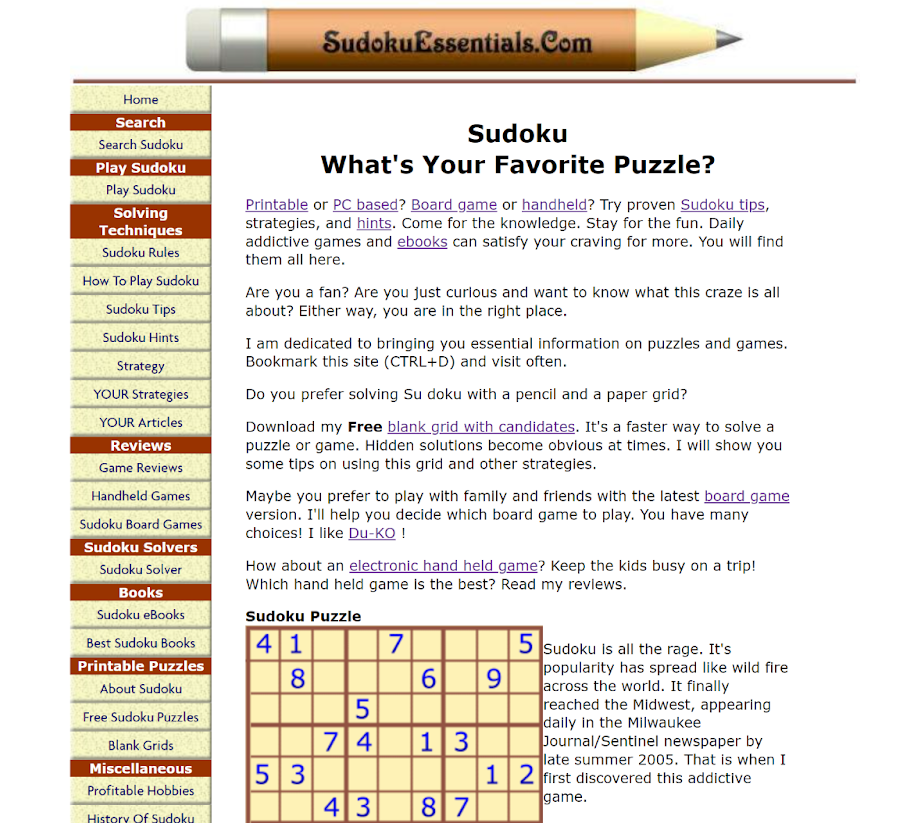 Old Sudoku website screen shot